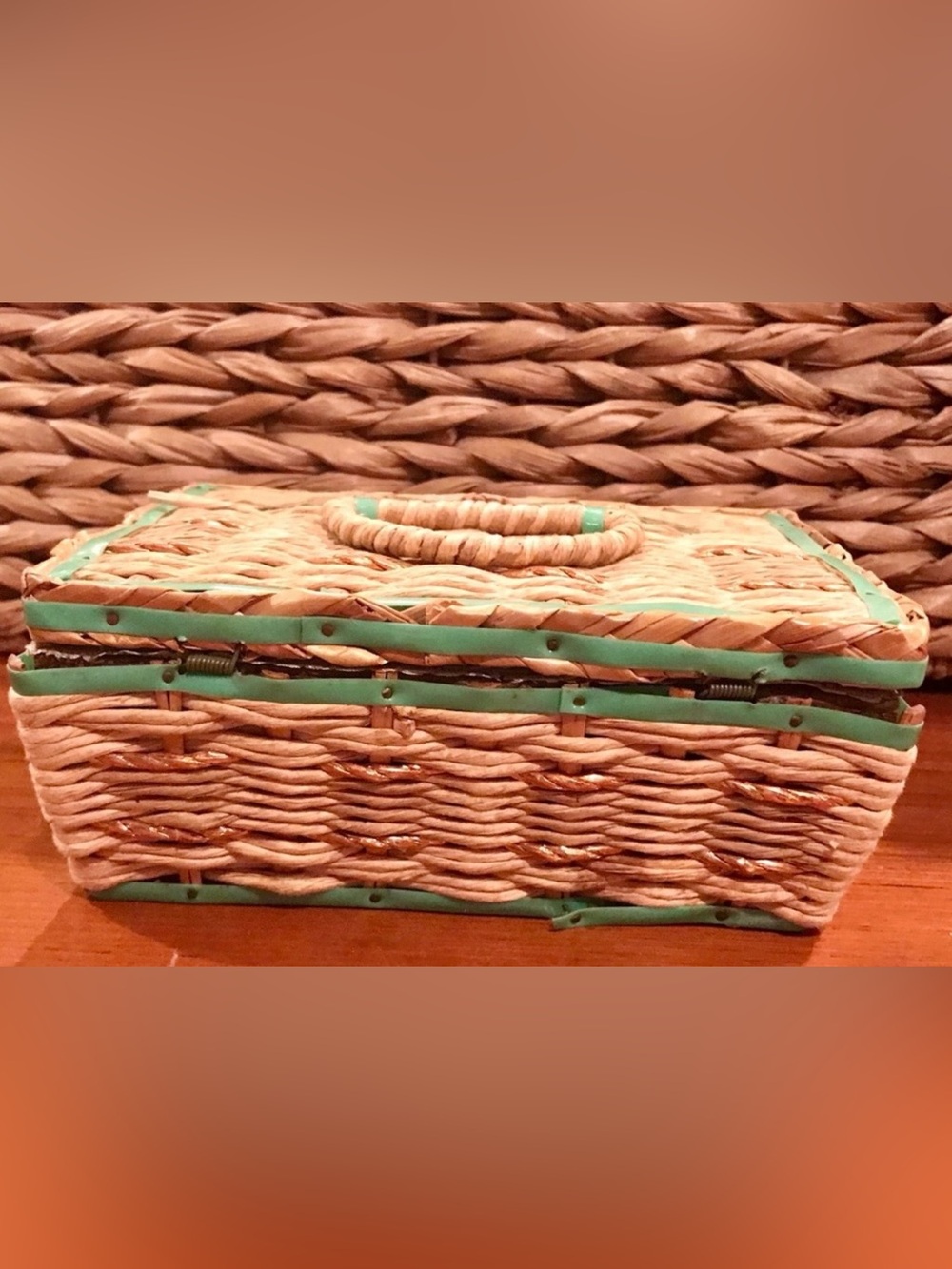 Vintage—Wicker Sewing Basket, Wood Bottom w/ Satiny Fabric Inside, Marked Japan